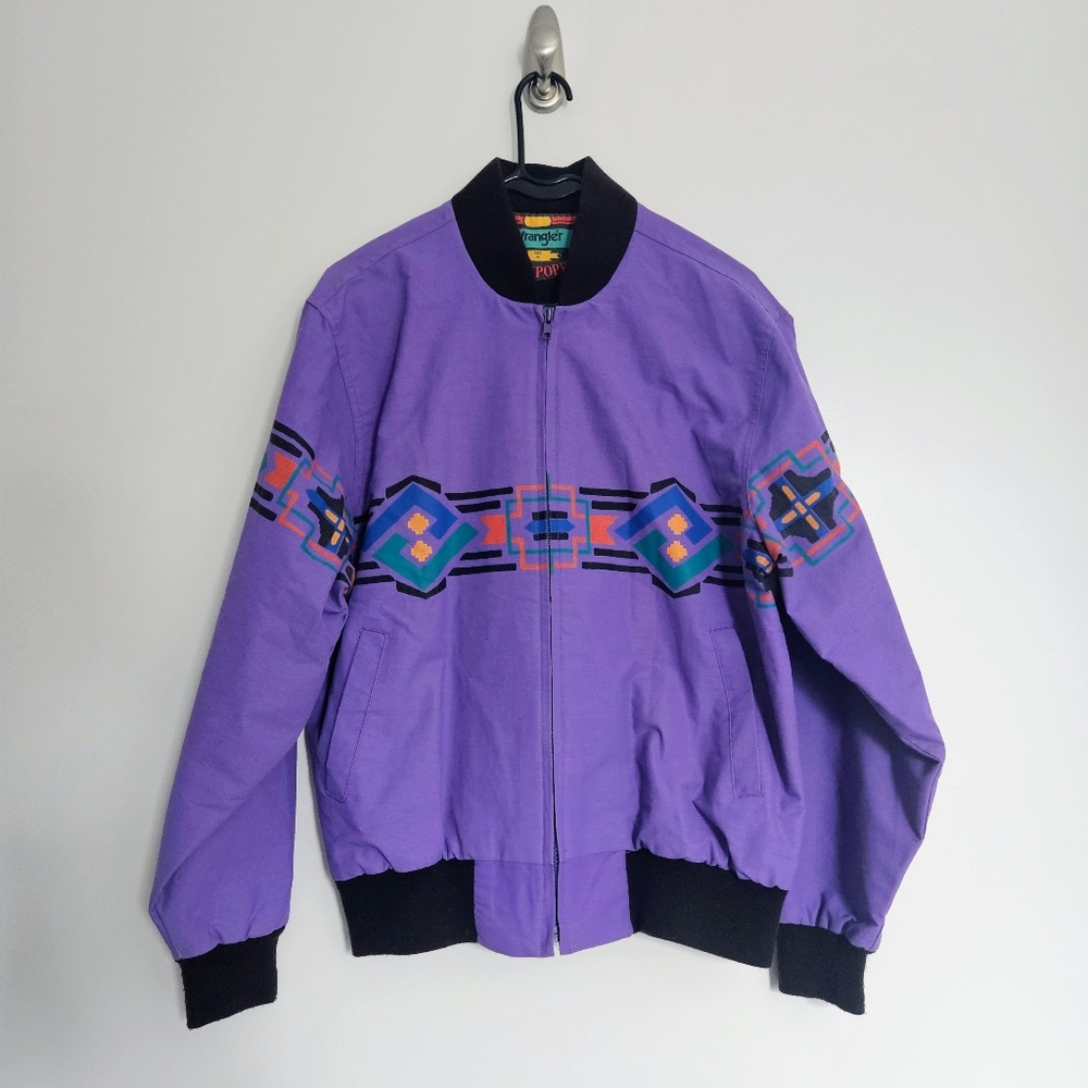 Vintage Wrangler Mesoamerican Patterned Purple "Brushpopper" Bomber Jacket